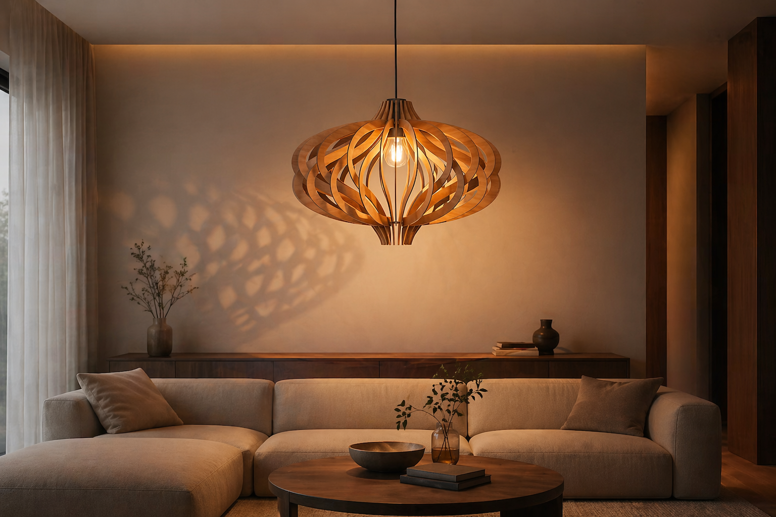 MATRA HAUS Curved Slat Pendant Lamp – AI rendering evening living room scene