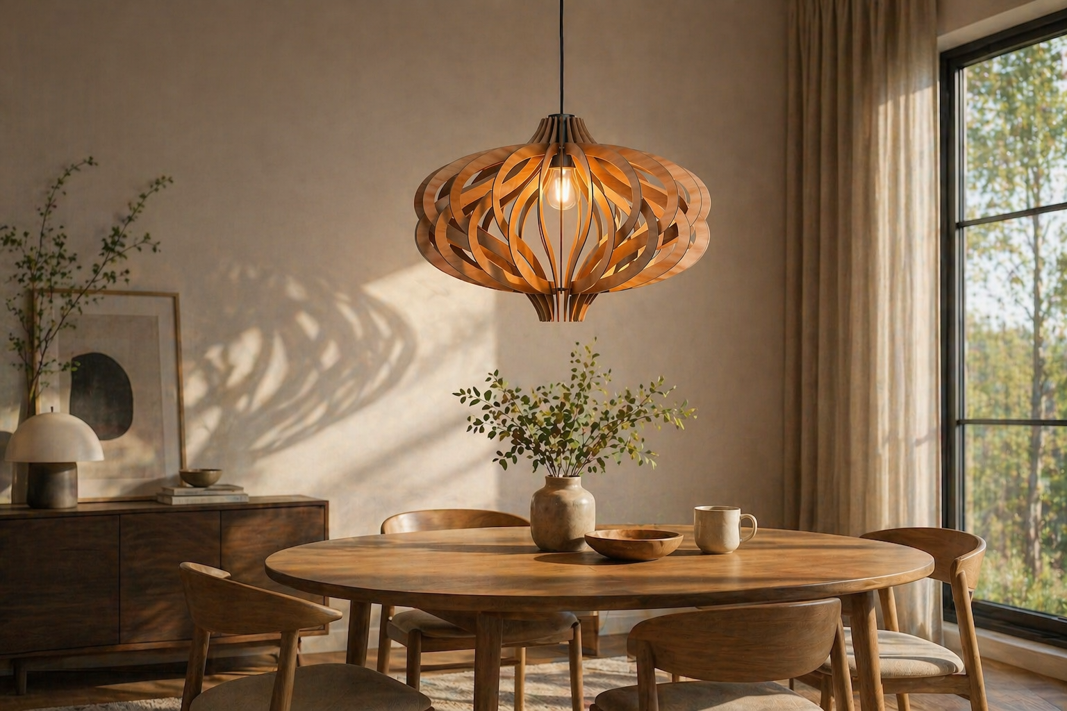 MATRA HAUS Curved Slat Pendant Lamp – AI rendering dining table scene