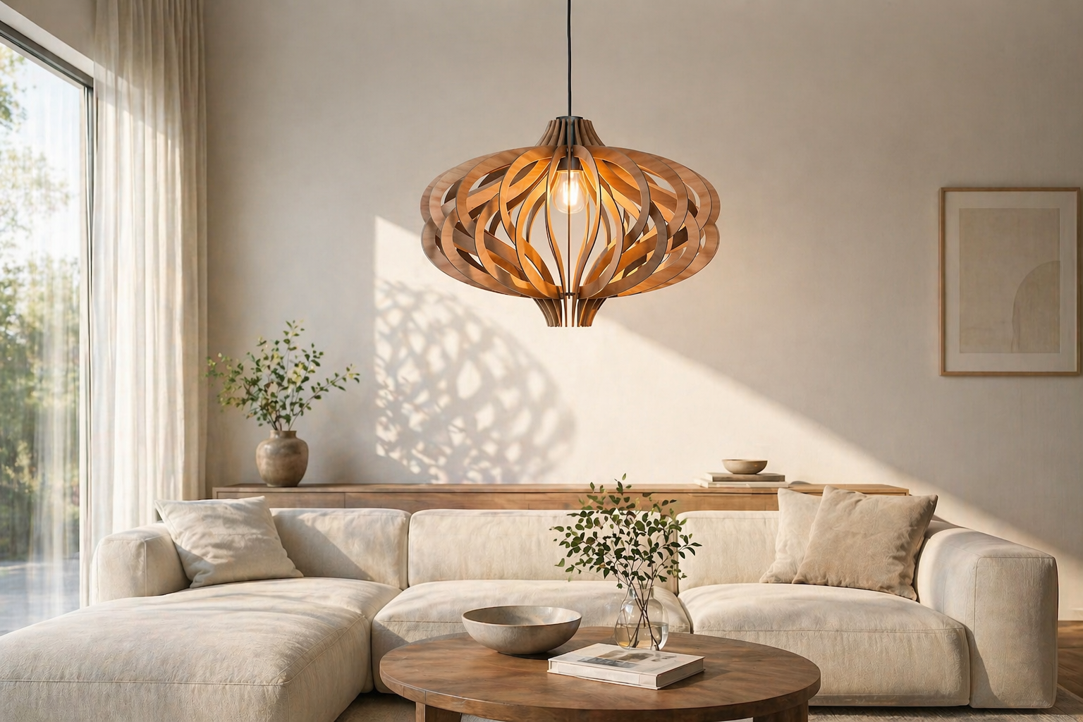 MATRA HAUS Curved Slat Pendant Lamp – AI rendering daylight living room scene
